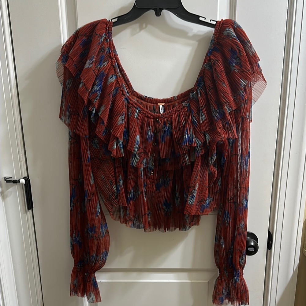 Free People Wine Ruffled Floral Crop Blouse